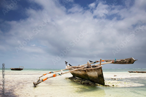 Wooden Fishing Boat at Tropical Beach in Zanzibar Island ,Tanzania
