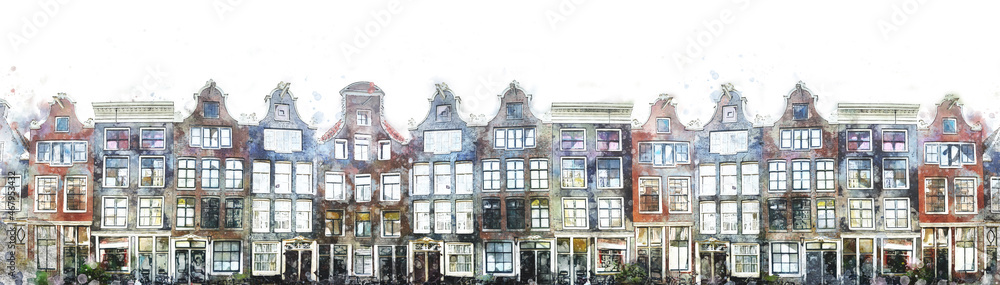 Obraz premium Background Frame of traditional old Amsterdam house - old tilted houses, windows, doors. Computer generated watercolor design. Background isolated on white. Amsterdam