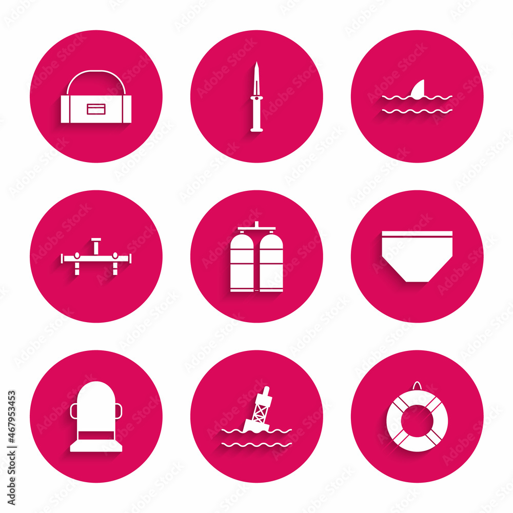 Set Aqualung, Floating buoy on the sea, Lifebuoy, Swimming trunks, Buoy, Manifold, Shark fin ocean wave and Case or box container for wobbler icon. Vector Set Aqualung, Floating buoy on the sea, Lifebuoy, Swimming trunks, Buoy, Manifold, Shark fin ocean wave and Case or box container for wobbler icon. Vector