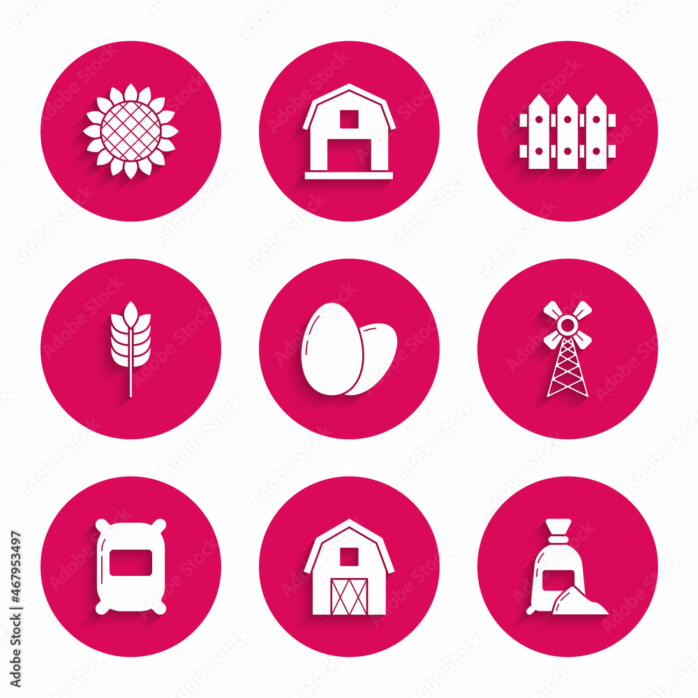 Set Chicken egg, Farm House concept, Bag of flour, Windmill, Cereals with rice, wheat, corn, oats, rye, Garden fence wooden and Sunflower icon. Vector Set Chicken egg, Farm House concept, Bag of flour, Windmill, Cereals with rice, wheat, corn, oats, rye, Garden fence wooden and Sunflower icon. Vector