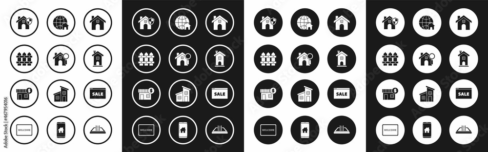 Set House, Search house, Garden fence wooden, with shield, Home symbol, Globe, Hanging sign text Online Sale and dollar icon. Vector Set House, Search house, Garden fence wooden, with shield, Home symbol, Globe, Hanging sign text Online Sale and dollar icon. Vector