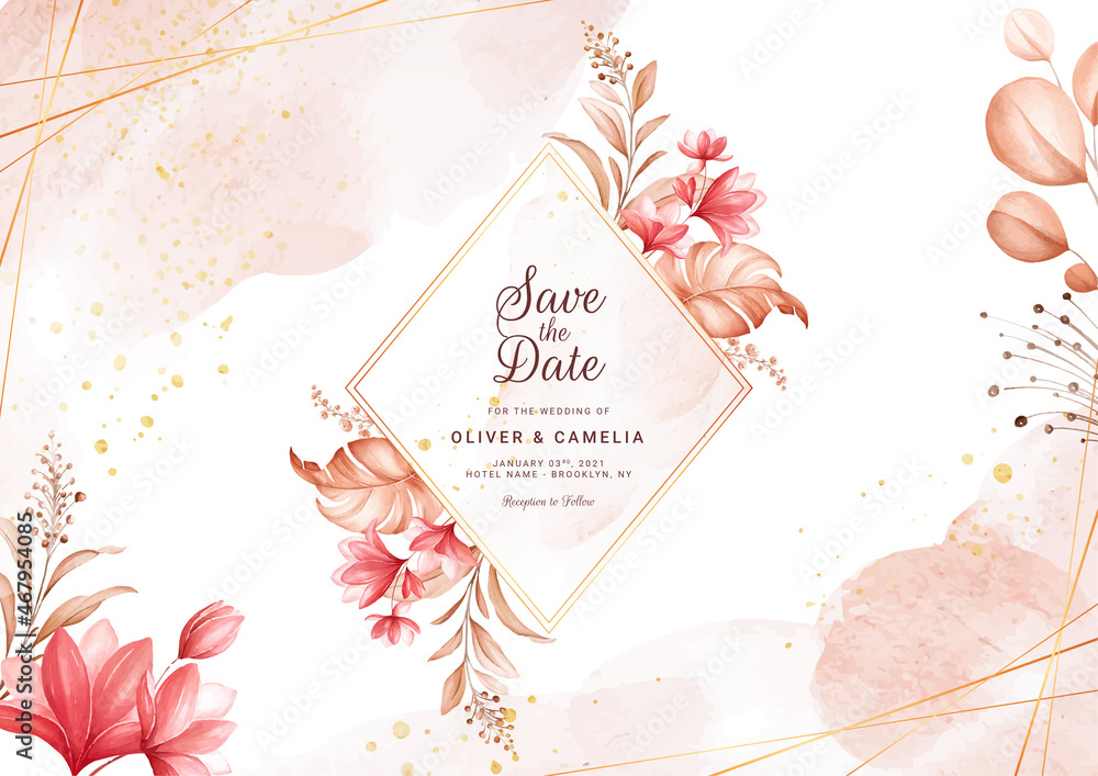 Horizontal floral wedding invitation template set with brown and peach