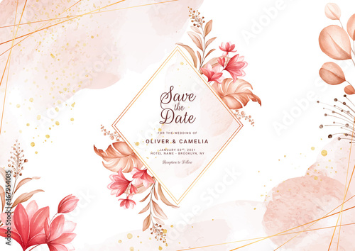 Horizontal floral wedding invitation template set with brown and peach roses flowers and leaves decoration. Foliage card design concept