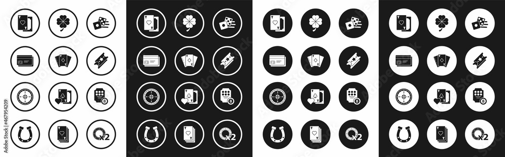 Set Game dice, Playing card with diamonds, Credit, heart, Lottery ticket, Four leaf clover, Online slot machine and Casino roulette wheel icon. Vector Set Game dice, Playing card with diamonds, Credit, heart, Lottery ticket, Four leaf clover, Online slot machine and Casino roulette wheel icon. Vector