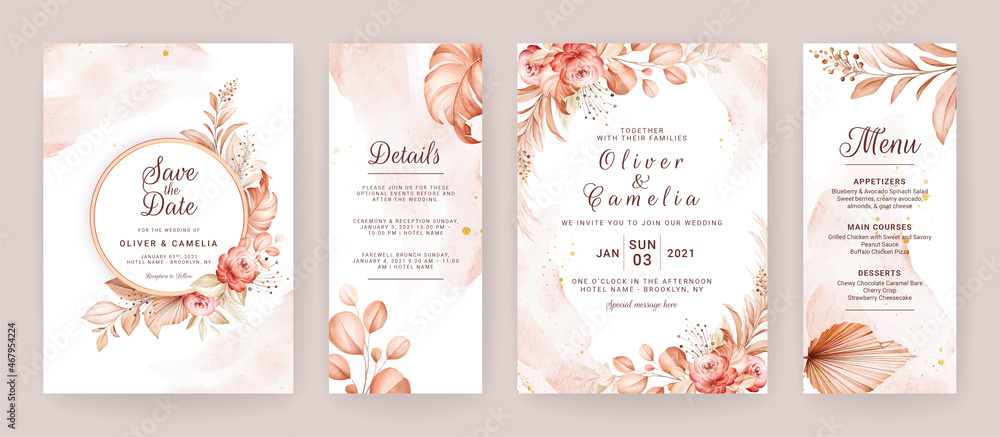 © KeepMakingArt - Floral wedding invitation template set with brown and peach roses flowers and leaves decoration. Foliage card design concept © KeepMakingArt - Floral wedding invitation template set with brown and peach roses flowers and leaves decoration. Foliage card design concept