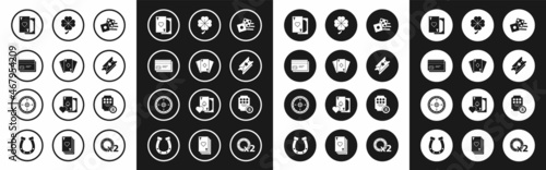 Set Game dice, Playing card with diamonds, Credit, heart, Lottery ticket, Four leaf clover, Online slot machine and Casino roulette wheel icon. Vector
