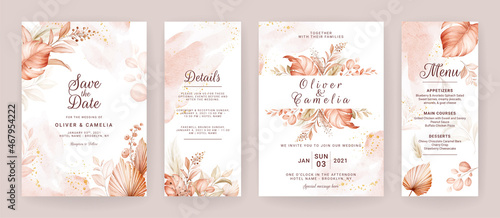 Floral wedding invitation template set with brown and peach roses flowers and leaves decoration. Foliage card design concept photo