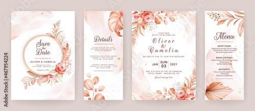 Floral wedding invitation template set with brown and peach roses flowers and leaves decoration. Foliage card design concept photo