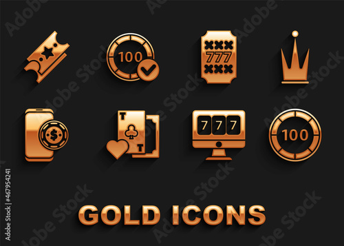 Set Playing card with clubs symbol, Crown, Casino chips, Online slot machine lucky sevens jackpot, poker table game, Slot, Lottery ticket and icon. Vector