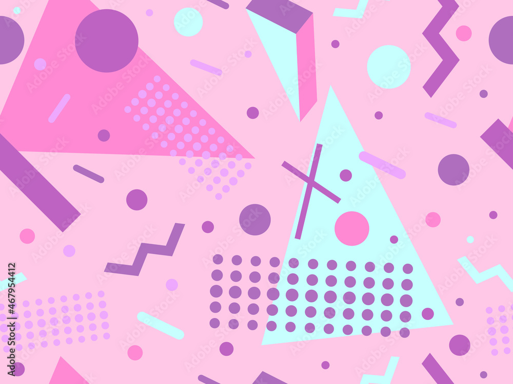 80s seamless pattern with geometric shapes in memphis style. Circles and triangles. Colorful abstract background for printing on promotional items, banners and wrapping paper. Vector illustration 80s seamless pattern with geometric shapes in memphis style. Circles and triangles. Colorful abstract background for printing on promotional items, banners and wrapping paper. Vector illustration