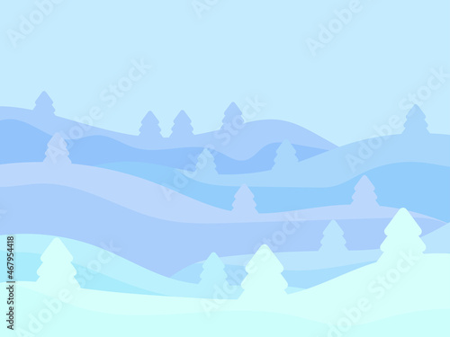 Winter landscape in the style of minimalism. Snow-covered hills and mountains with fir trees. Snowy wavy landscape. Design for prints and posters, promotional items. Vector illustration