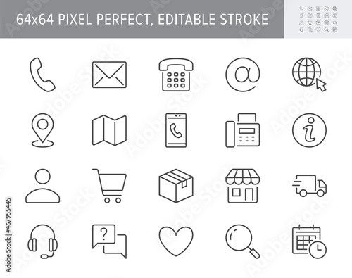 Contact us line icons. Vector illustration include icon - calendar, chat, address, location, landline, office, delivery outline pictogram for customer service. 64x64 Pixel Perfect, Editable Stroke
