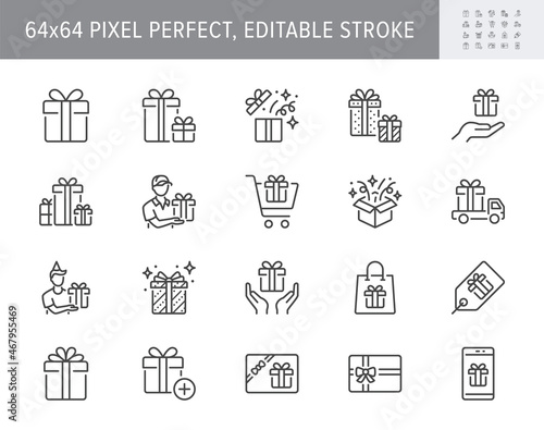 Gifts line icons. Vector illustration include icon - box, present card, package, price tag, service, birthday, coupon, surprise outline pictogram for christmas. 64x64 Pixel Perfect, Editable Stroke