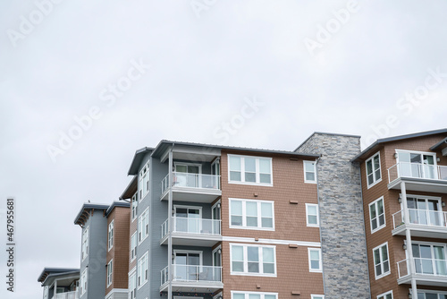 Apartment building exterior with gray and brown sidings at Tacoma, Washington
