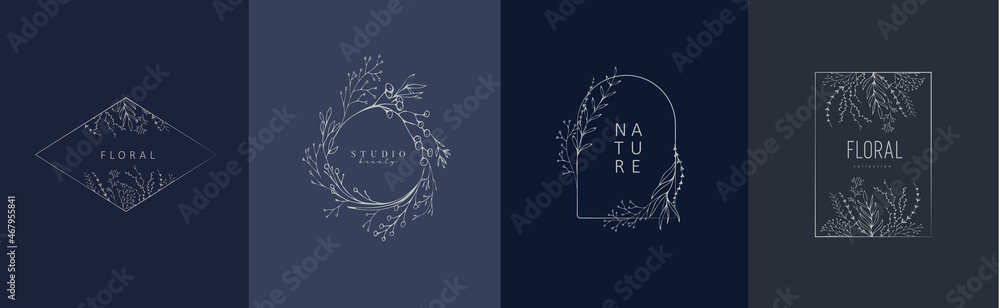 Obraz premium Set of inimal feminine botanical floral branch and logo. Hand drawn wedding herb, homeplant with elegant leaves. Botanical rustic trendy greenery vector