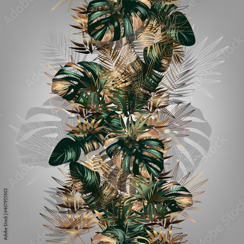golden and green tropical leaves on a Gray background. Seamless pattern in the style of Jungalow and Hawaii. Botanical background.