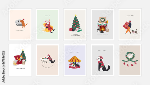 Set of poster for Christmas and New year congratulation. Winter holiday greeting cards with xmas decorations. decorations Cartoon vector hand drawn