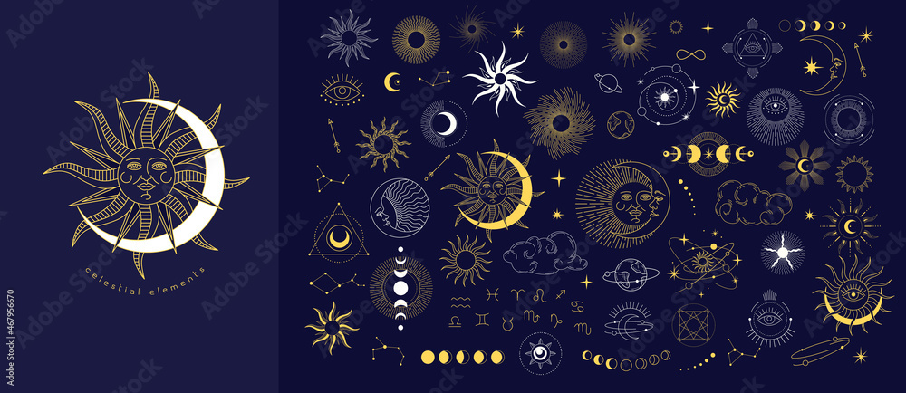 Set of celestial mystic esoteric magic elements sun moon and clouds Different stages of moon, zodiac Signs. Alchemy tattoo object logo template. Vector