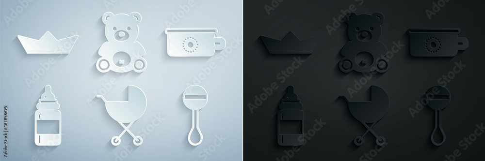 Fototapeta premium Set Baby stroller, potty, bottle, Rattle baby toy, Teddy bear plush and Folded paper boat icon. Vector