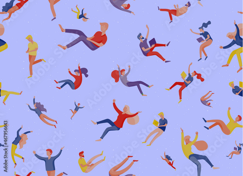 Vector seamless pattern with inspired People flying in space and interacting with gadgets and papers. Characters set moving and floating in dreams, imagination and inspiration. Vector