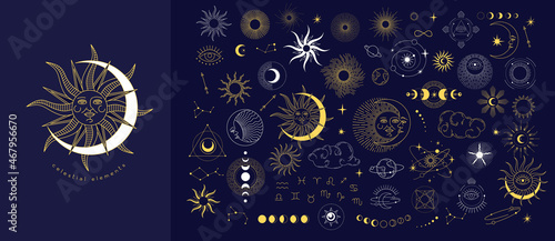 Set of celestial mystic esoteric magic elements sun moon and clouds Different stages of moon, zodiac Signs. Alchemy tattoo object logo template. Vector photo