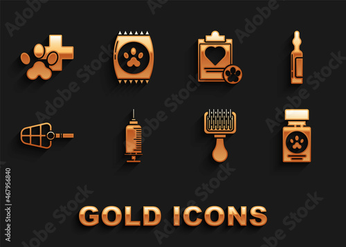 Set Syringe with pet vaccine, Pets vial medical, Dog medicine bottle and pills, Hair brush for dog cat, muzzle, Clipboard clinical record, Veterinary symbol and Bag of food icon. Vector
