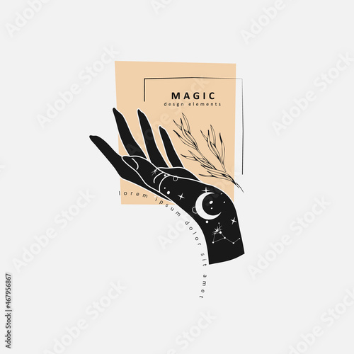 Spiritual esoteric magic logo or talisman with woman hands in silhouette style with stars, sacred geometry floral brunch. Alchemy mystic tattoo object logo