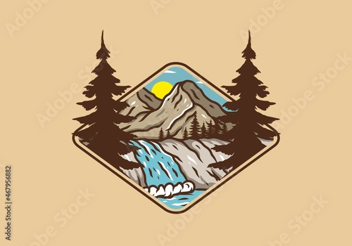 illustration drawing of mountain and waterfall