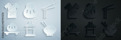 Set Japan Gate, Asian noodles and chopsticks, Dumpling on cutting board, Rice bowl with, Maneki neko cat and Japanese costume Kimono icon. Vector