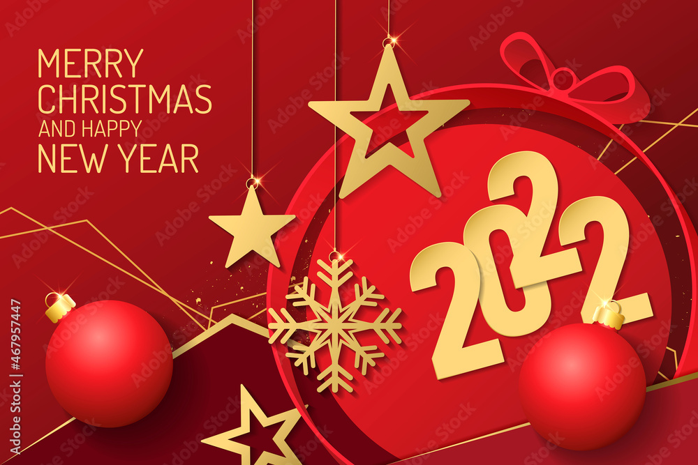 Naklejka premium christmas and happy new year 2022 on red background with festive decoration. banner vector design