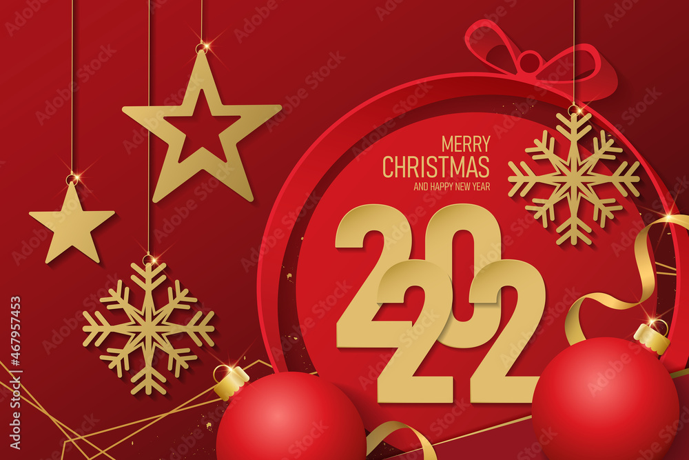 christmas and happy new year 2022 on red background with festive decoration. banner vector design