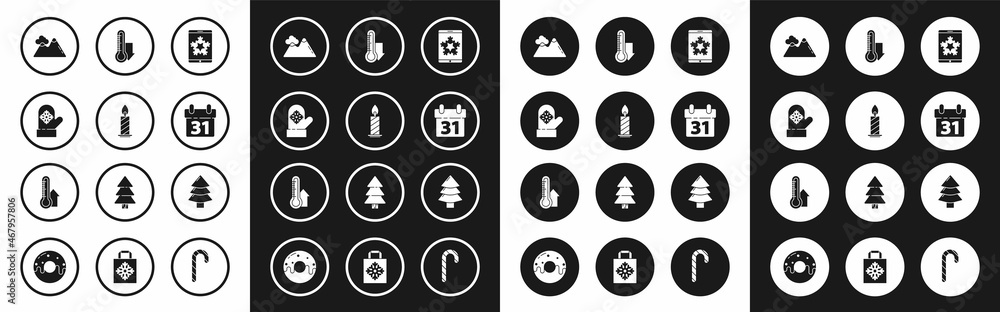 Set Christmas on smartphone and snowflake, Burning candle in candlestick, mitten, Mountains, Calendar, Meteorology thermometer measuring, tree and icon. Vector Set Christmas on smartphone and snowflake, Burning candle in candlestick, mitten, Mountains, Calendar, Meteorology thermometer measuring, tree and icon. Vector