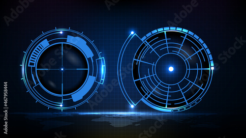 abstract futuristic background of blue technology sniper sight with measurement marks ui hud display sniper longest range gun