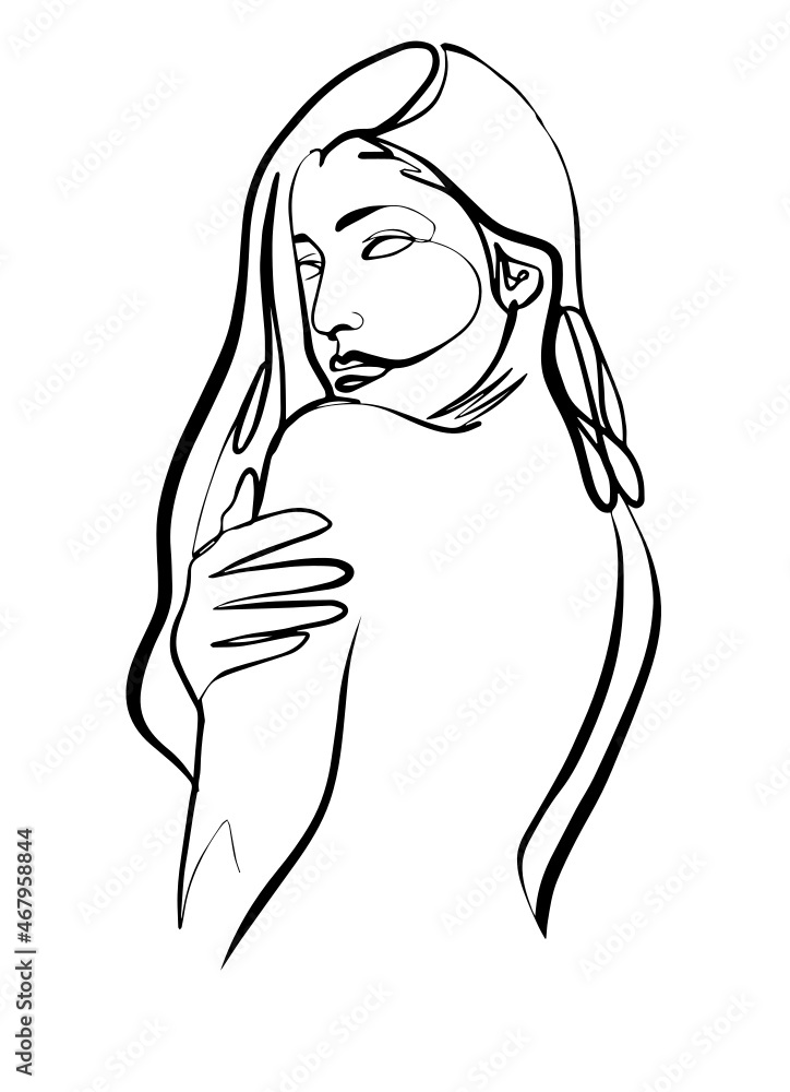 one line drawing, young nude woman, line drawing, fashion concept, woman beauty minimalist, Vector illustration