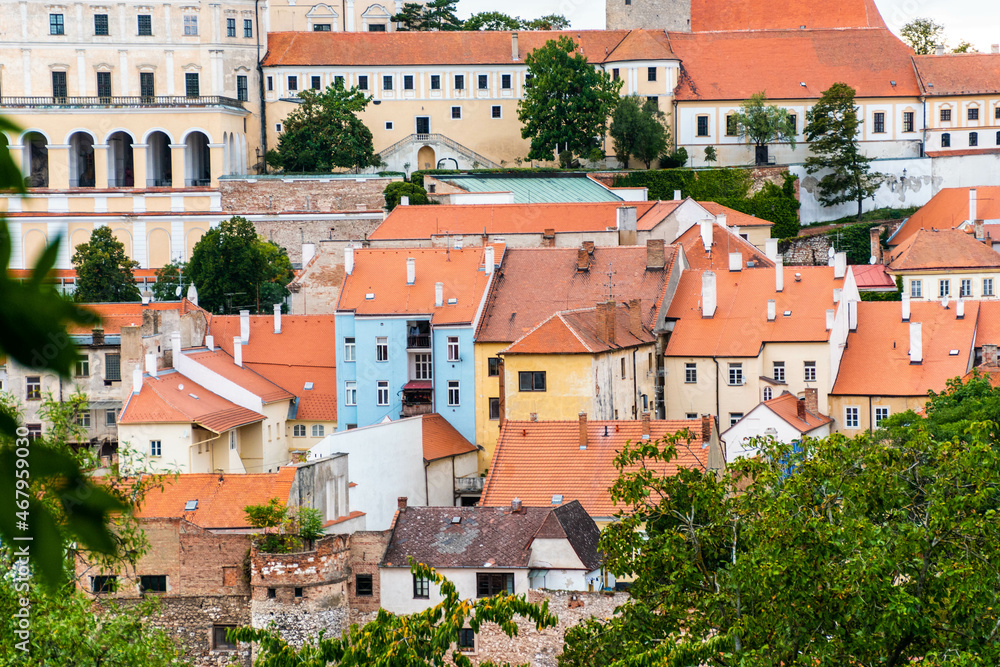 colorful tenement houses in Mikulov, Czech Republic, on a hill near the palace in Mikulov
