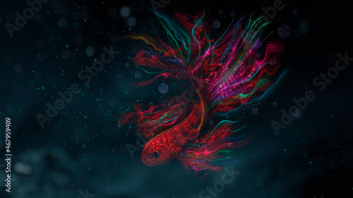 Neon colorful fish on a dark background of the sea day. The depth of the sea, fish. 3D illustration. © MiaStendal