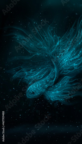 Neon  fish on a dark background of the sea day. The depth of the sea  fish. 3D illustration.