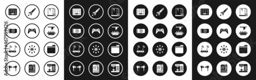 Set 3D printer, Gamepad, Video graphic card, Pills blister pack, Factory conveyor system belt, Rocket ship with fire, Document folder and Router and wi-fi signal icon. Vector