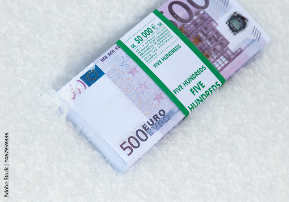 Five hundred Euros lie in the snow. Five hundred Euros lie in the snow.