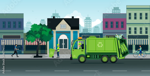 Employees collect garbage from various shops in the city.

