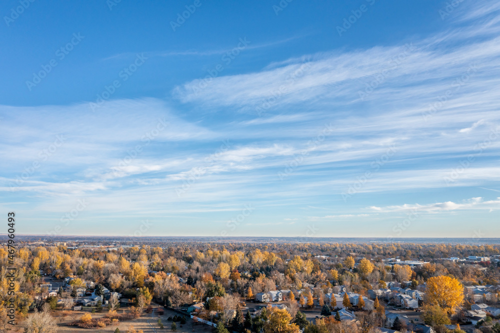 residential area of Fort Collins in northern Colorado in late fall scenery, aerial view at sunrise