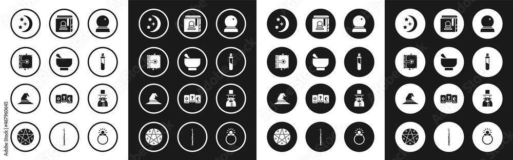 Set Magic ball, mortar and pestle, Ancient magic book, Moon stars, Bottle with love potion, Magician and Witch hat icon. Vector Set Magic ball, mortar and pestle, Ancient magic book, Moon stars, Bottle with love potion, Magician and Witch hat icon. Vector