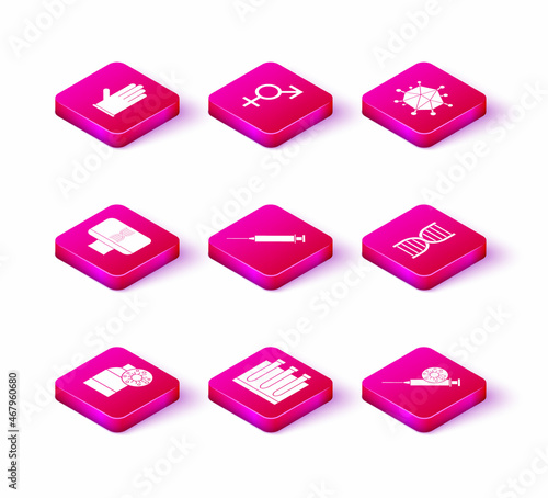 Set Bottle with virus, Blood test and, DNA spiral computer, Syringe, symbol, Virus and Gender icon. Vector