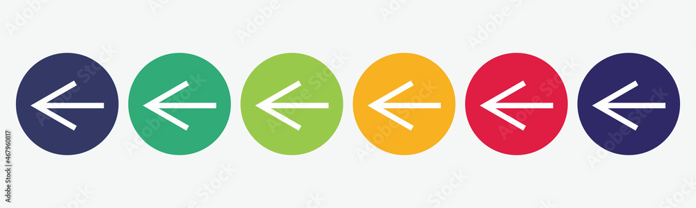 6 button circles set with arrow left icon in various colors. Vector illustration. 6 button circles set with arrow left icon in various colors. Vector illustration.