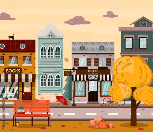Vector autumn street with houses, bookstore, bakery, coffee shop. Flat illustration of the city in the European style. Cartoon autumn city with a park and pumpkins