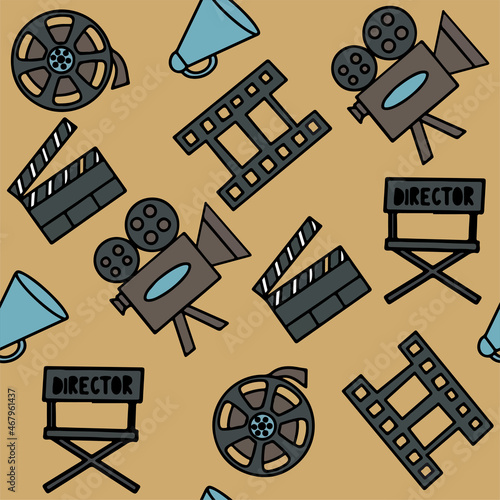 Seamless Pattern with Cinema, TV Shows, Series and Movies Funny Doodle Vector icons. Hand drawn colorful illustration. Set for podcast, awards and radio. Background