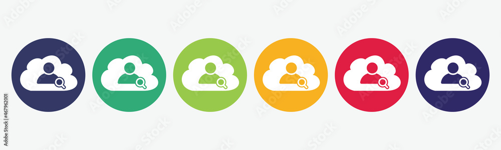 6 circles set in different colors with search job icon on white background. 6 circles set in different colors with search job icon on white background.