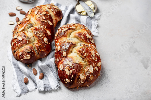 Sweet Challah traditional Jewish bread with almonds and cranberries