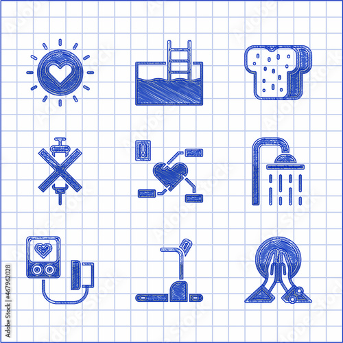 Set Attention to health heart, Treadmill machine, Meditation, Shower head, Blood pressure, No doping syringe, Bread toast and Sun icon. Vector
