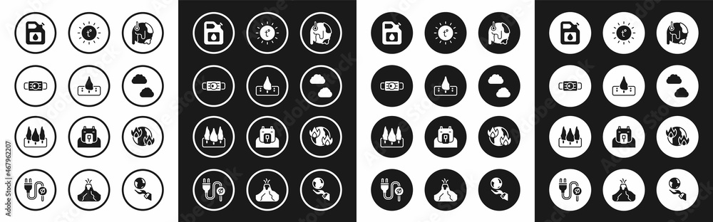 Set Global warming, Deforestation, Medical protective mask, Canister gasoline, Cloud, Sun, fire and Forest icon. Vector Set Global warming, Deforestation, Medical protective mask, Canister gasoline, Cloud, Sun, fire and Forest icon. Vector
